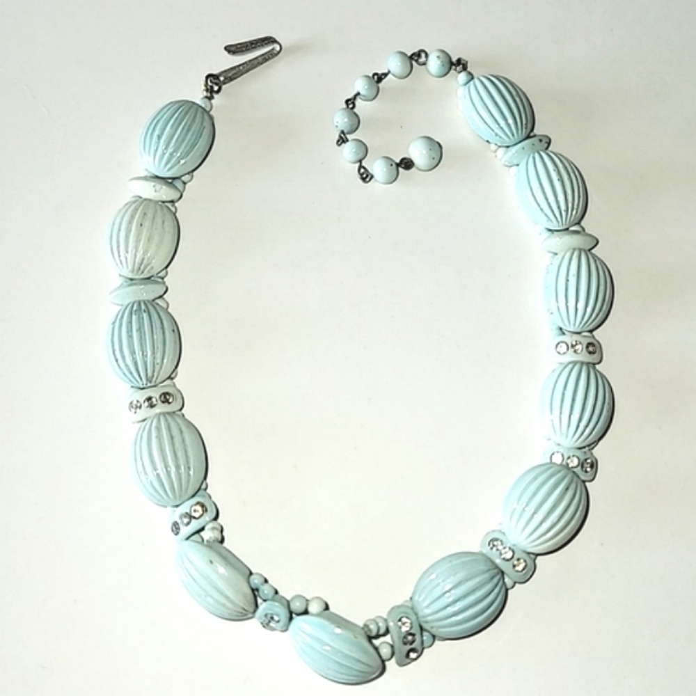 1930s JAPAN AQUA BLUE CERAMIC or GLASS CHOKER NECKLACE - UNUSUAL VINTAGE